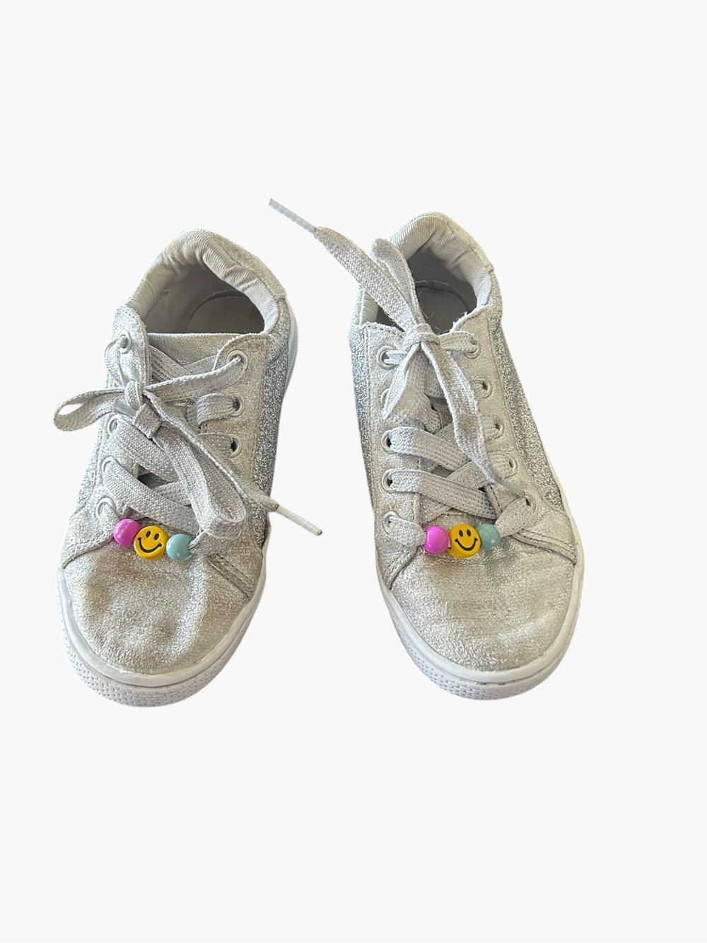 Kids Silver Glitter Lace-Up Sneakers with Smile Bead Detail